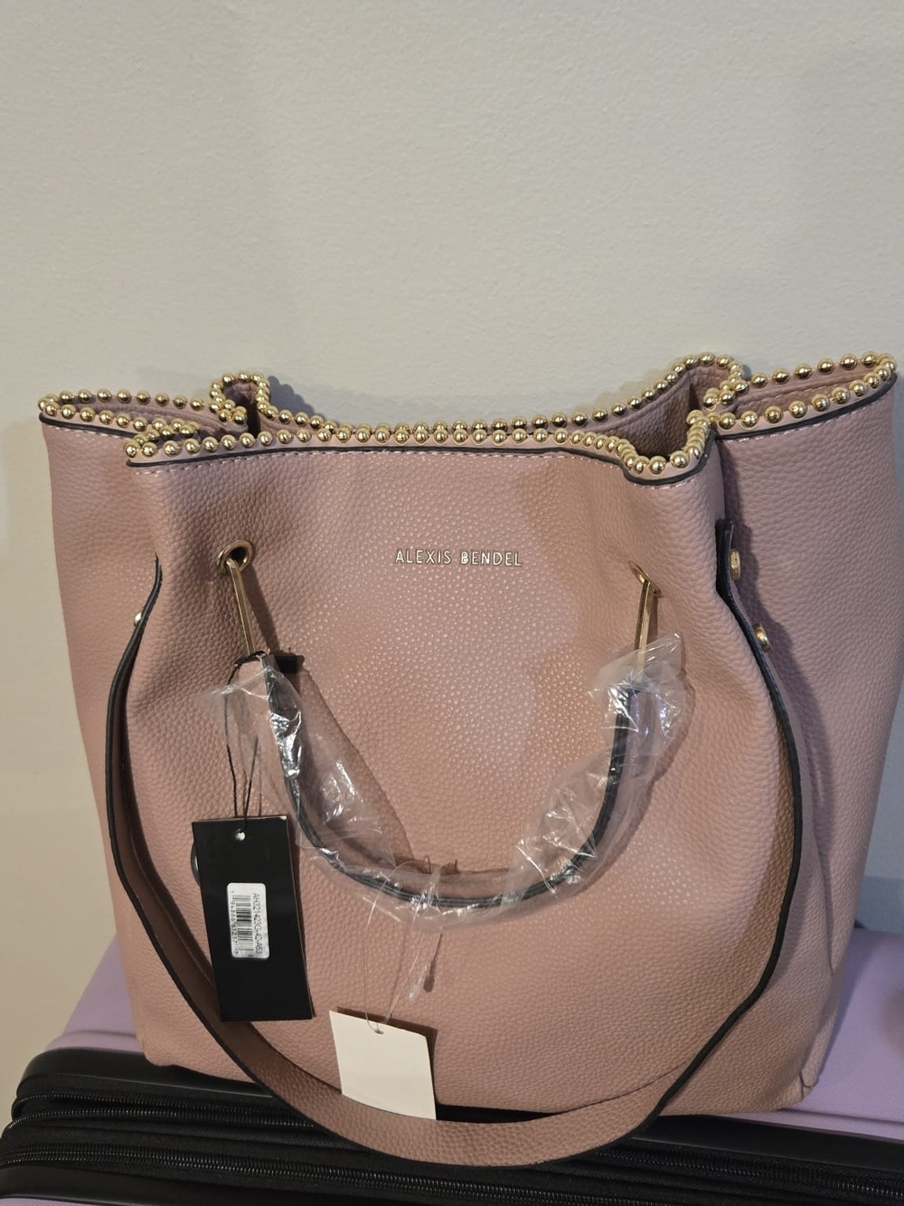 Alexis Bendel Blush Pink Pebbled Leather Tote with Gold Stud Trim